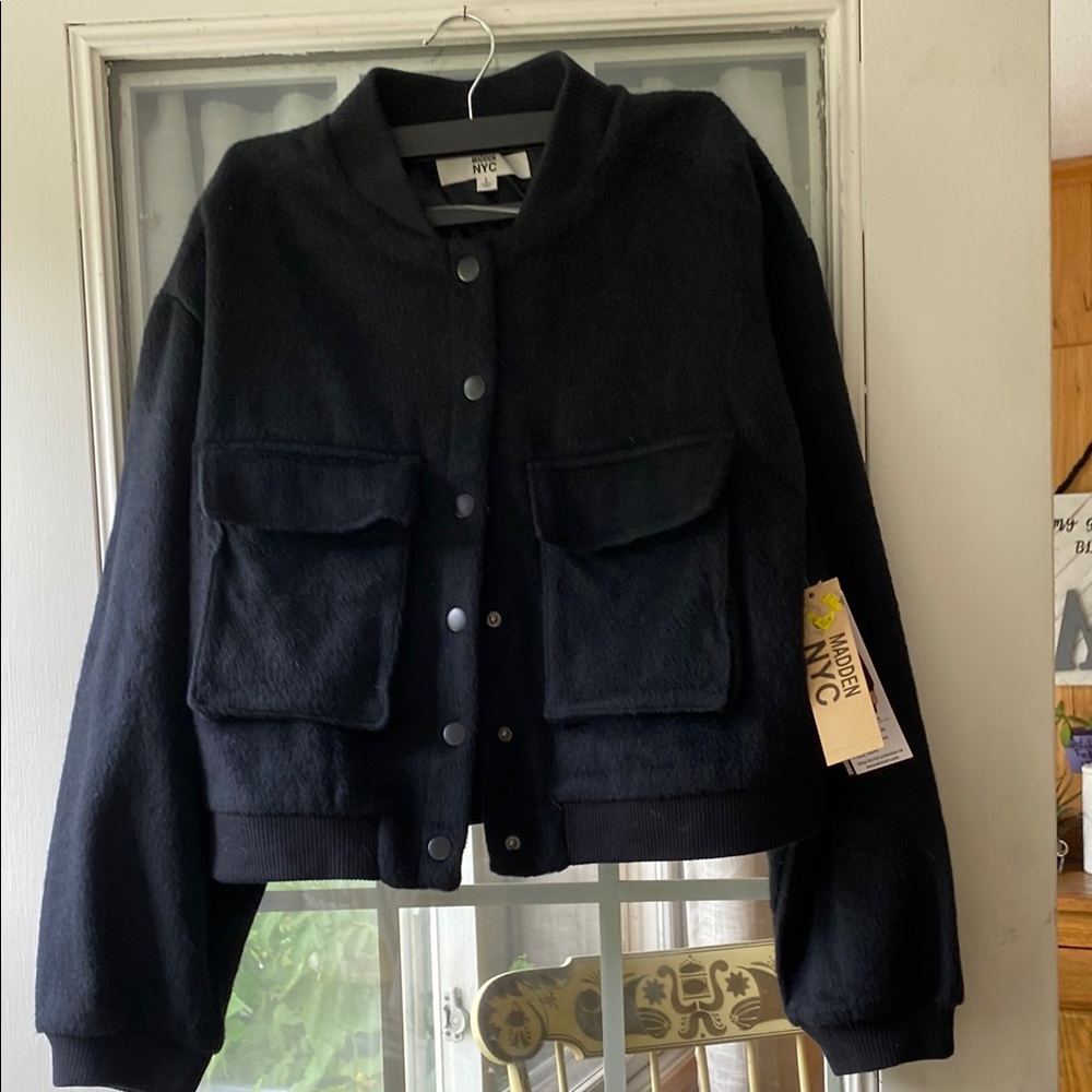 Women’s NYC Black Bomber Jacket nice detailing comfy on a cool day